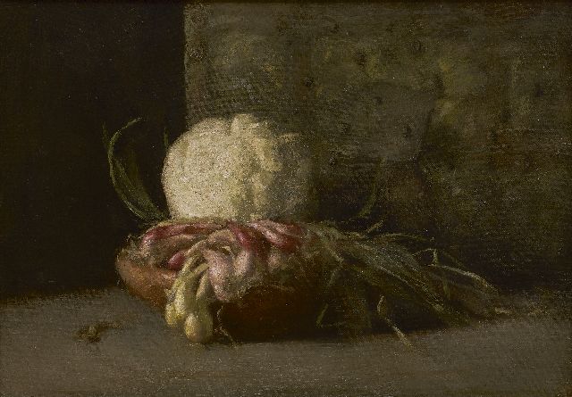 Rueter G.  | Stilleven met bloemkool en sjalotten, olieverf op doek 32,0 x 46,0 cm, zonder lijst