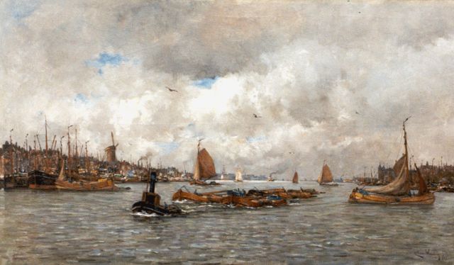 Kees van Waning | Bedrijvigheid op de Maas bij Rotterdam, olieverf op doek, 83,3 x 143,6 cm, gesigneerd r.o. en gedateerd 1919