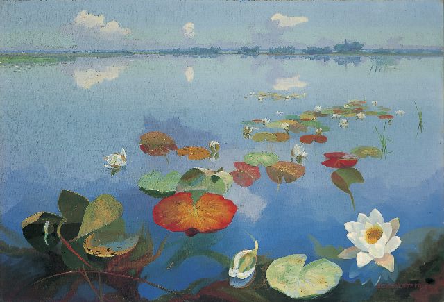 Dirk Smorenberg | Waterlelies in de Loosdrechtse Plassen, olieverf op doek, 55,0 x 80,4 cm, gesigneerd r.o. en gedateerd '23