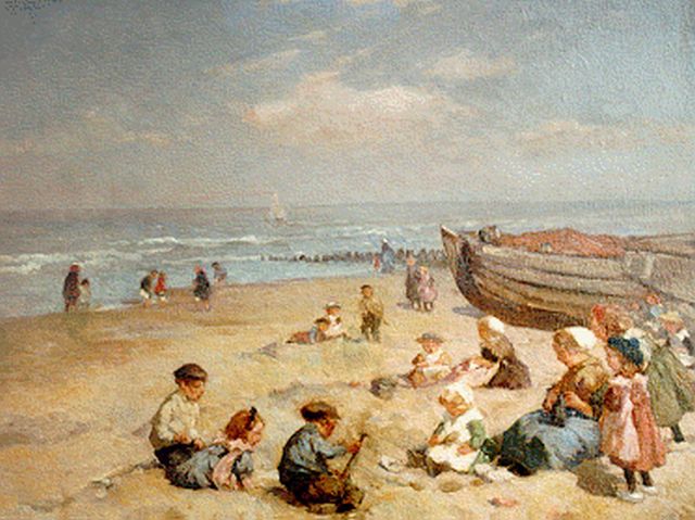 Johannes Evert Akkeringa | Strandplezier, olieverf op doek, 37,4 x 47,0 cm, gesigneerd l.o.
