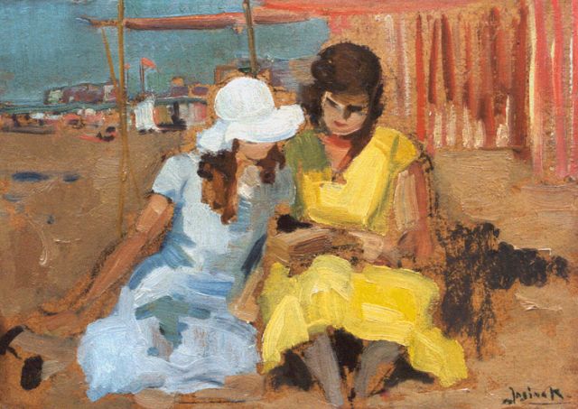 Jos Knap | Strandgezicht met twee dames, 24,6 x 34,9 cm, gesigneerd r.o.