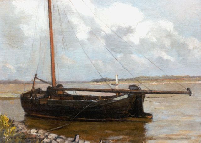 Xeno Münninghoff | Afgemeerde platbodem, olieverf op doek op schildersboard, 21,4 x 29,4 cm, gesigneerd l.o.