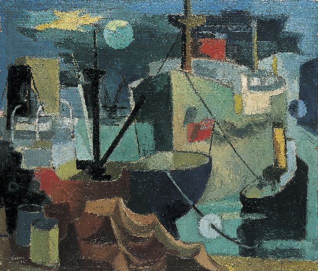 Wim Bosma | Havenbeeld no. 3, olieverf op doek op schildersboard, 55,3 x 64,8 cm, gesigneerd l.o. en gedateerd '52