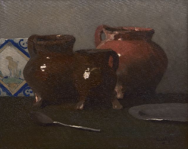 Leendert van der Vlist | Stilleven met loodglazuur potten, olieverf op doek, 40,2 x 50,2 cm, gesigneerd r.o.