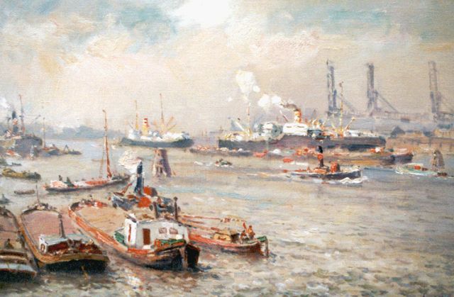 Evert Moll | Rotterdams havengezicht, olieverf op doek, 40,0 x 60,0 cm, gesigneerd r.o.