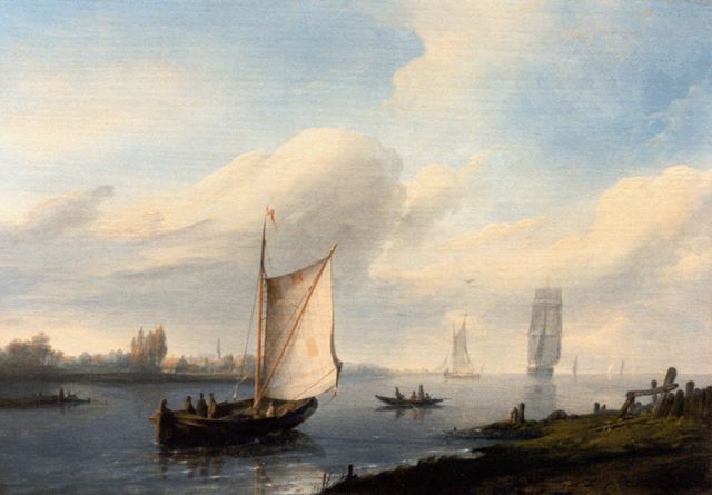 Thomas P.H.  | Schepen op een kalme rivier, olieverf op paneel 21,6 x 30,6 cm, gesigneerd r.o.