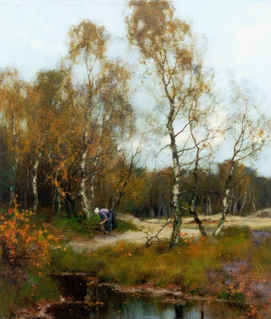 Jan Holtrup | Berken met sprokkelend vrouwtje, olieverf op doek, 40,2 x 34,8 cm, gesigneerd l.o.