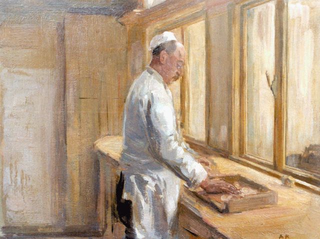 Anton Mauve jr. | Bakker Carbonel aan het werk, olieverf op paneel, 27,0 x 35,1 cm, gesigneerd r.o. met initialen