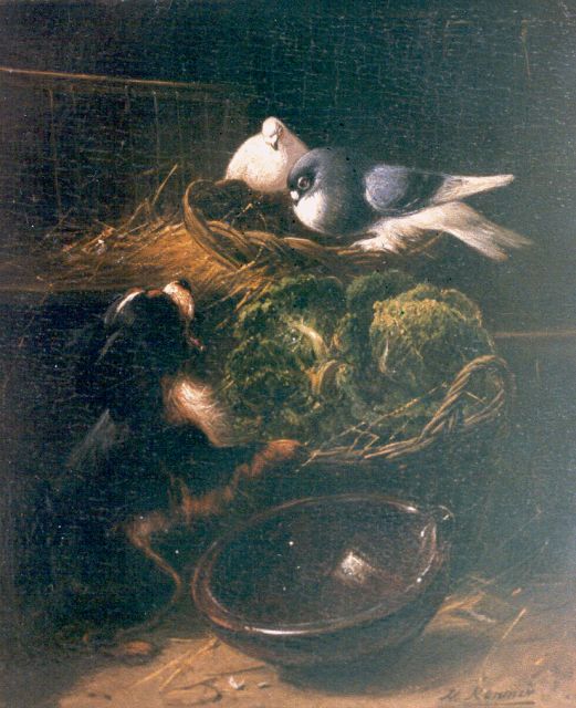 Henriette Ronner-Knip | Keffend hondje tegen twee duiven, olieverf op paneel, 19,2 x 15,5 cm, gesigneerd r.o.