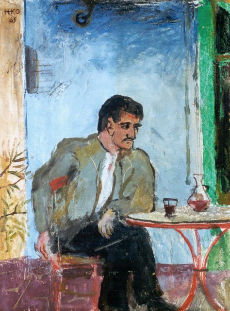 Harm Kamerlingh Onnes | Glaasje wijn op het terras, olieverf op doek, 40,7 x 30,6 cm, gesigneerd l.b. met ini en gedateerd '65