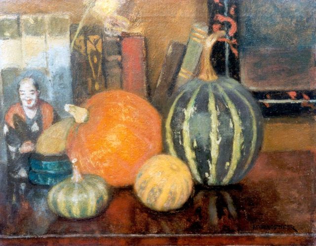 Marie Wandscheer | Stilleven van kalebassen, olieverf op doek, 22,3 x 28,3 cm, gesigneerd r.o.
