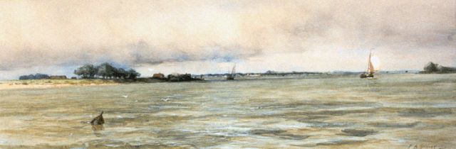 Schipperus P.A.  | Zeilschepen op de rivier, aquarel op papier 28,0 x 76,5 cm, gesigneerd r.o.