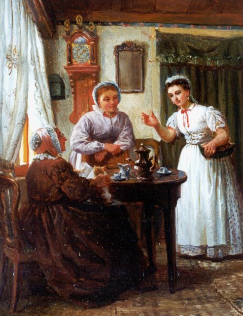 Jan Jacob Zuidema Broos | Gesprekje bij de koffie, olieverf op paneel, 16,1 x 12,5 cm, gesigneerd l.o.