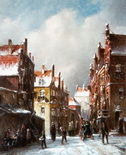 Petrus Gerardus Vertin | Besneeuwd stadsgezicht met figuren, olieverf op paneel, 21,4 x 17,5 cm, gesigneerd l.o. en gedateerd '85