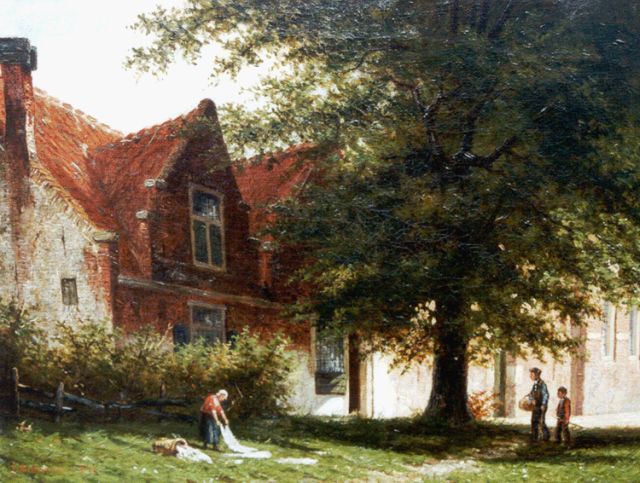 Johannes Jacobus Mittertreiner | Dorpsgezicht met bleekveld, olieverf op doek, 25,3 x 34,0 cm, gesigneerd l.o. en gedateerd '79