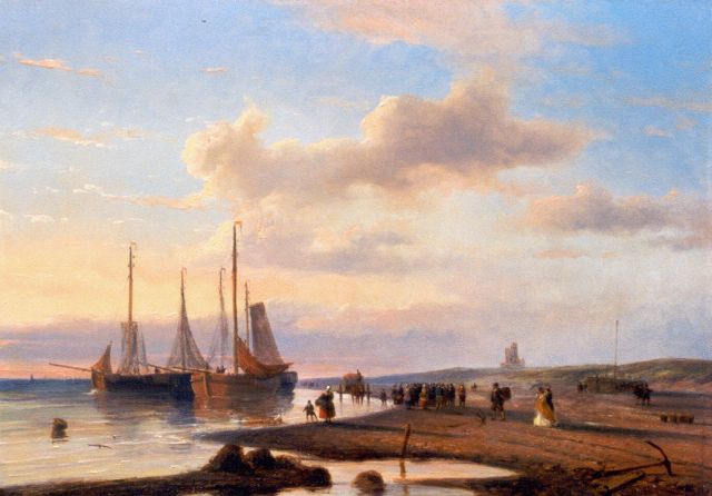 Nicolaas Roosenboom | Visafslag op het strand met elegante figuren, olieverf op paneel, 35,7 x 50,3 cm, gesigneerd r.o.