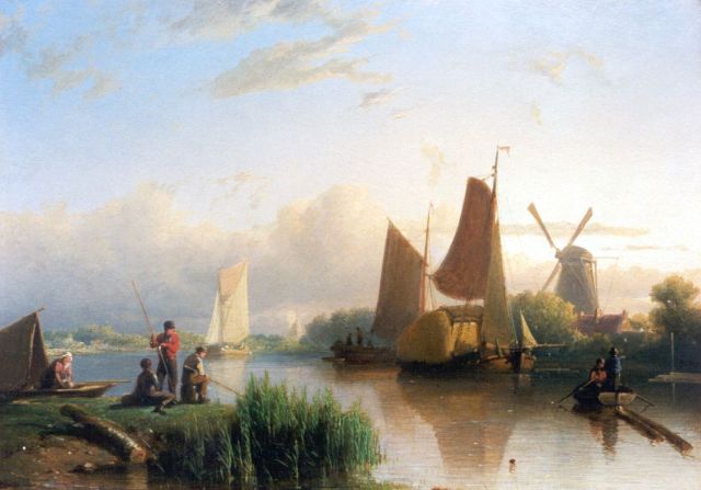 Johan Rust | Rivierlandschap met hengelaars, olieverf op paneel, 24,2 x 33,5 cm, gesigneerd r.o.
