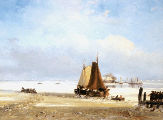 Nicolaas Roosenboom | Scheepsverkeer op een bevroren rivierarm, olieverf op paneel, 21,2 x 28,2 cm, gesigneerd l.o.