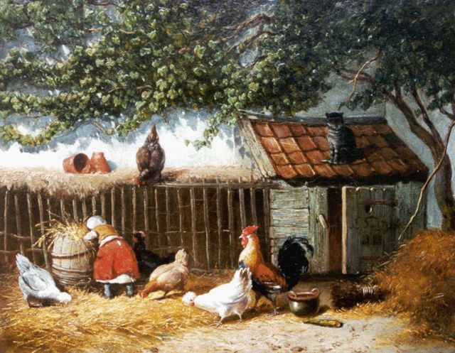 Jan Gerard Smits | Kippen voeren, olieverf op paneel, 24,7 x 31,4 cm, gesigneerd r.o.