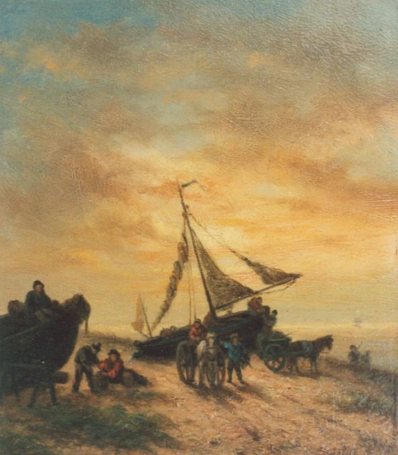 Lion Schulman | Bedrijvigheid op het strand, olieverf op paneel, 18,6 x 15,9 cm, gesigneerd r.o.