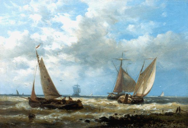 Abraham Hulk | Vissersboten voor de kust, olieverf op paneel, 17,5 x 25,2 cm, gesigneerd r.o.