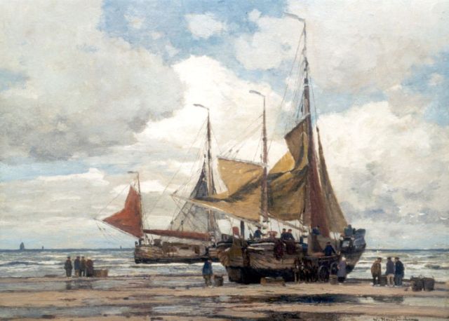 Hambüchen W.  | Bomschuiten aan het strand, olieverf op doek 60,2 x 80,3 cm, gesigneerd r.o.