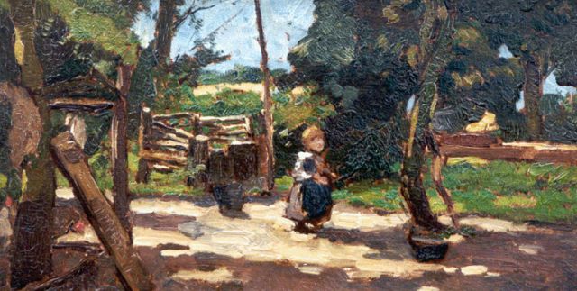 Johannes Evert Akkeringa | Bij een boerderij, olieverf op paneel, 15,3 x 29,4 cm