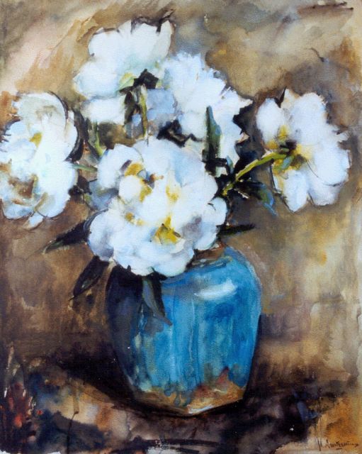 Floris Arntzenius | Stilleven met pioenrozen in blauwe vaas, aquarel op papier, 46,2 x 37,2 cm, gesigneerd r.o.