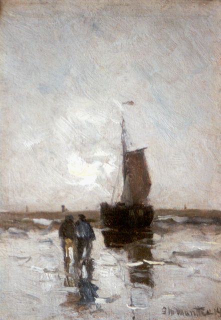 Morgenstjerne Munthe | Bomschuit en vissers op het strand, 16,0 x 11,5 cm, gesigneerd r.o. en gedateerd '19