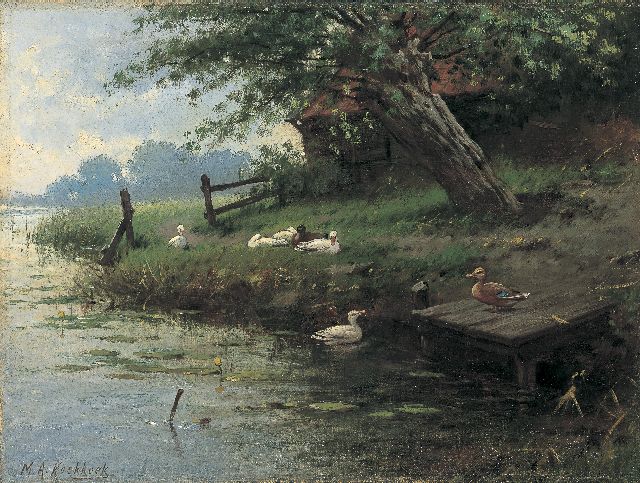 Marinus Adrianus Koekkoek II | Eendjes op de wallekant, olieverf op doek, 27,4 x 36,7 cm, gesigneerd l.o.