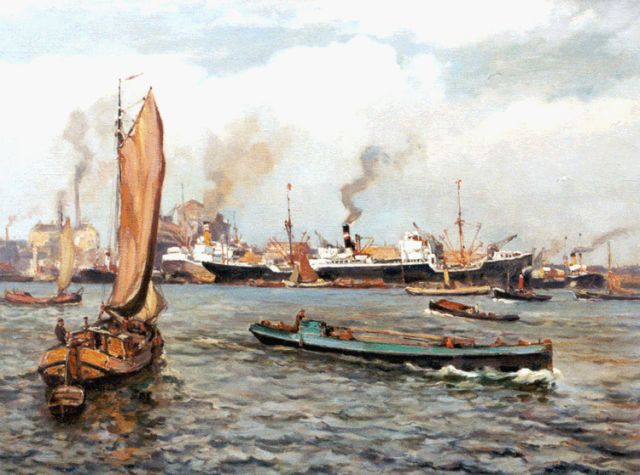 Evert Moll | Havengezicht, Rotterdam, olieverf op doek, 60,3 x 79,1 cm, gesigneerd r.o.