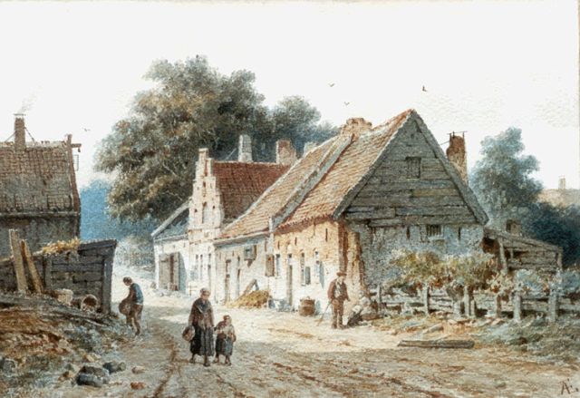 Adrianus Eversen | Landweg met boerderij en figuren, bij Nijmegen, aquarel op papier, 20,2 x 30,0 cm, gesigneerd r.o. met mon
