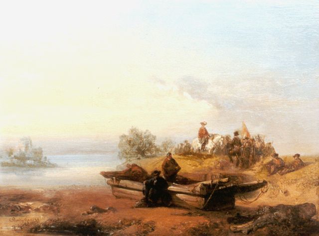 Charles Rochussen | Soldaten bij een overzetveer, olieverf op paneel, 19,5 x 25,7 cm, gesigneerd l.o. en gedateerd '42