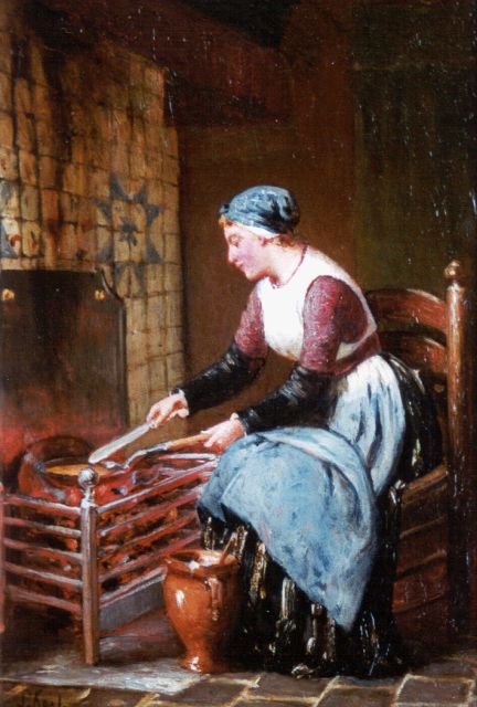 Sipke Kool | Pannekoeken bakken, olieverf op paneel, 23,5 x 16,2 cm, gesigneerd l.o.