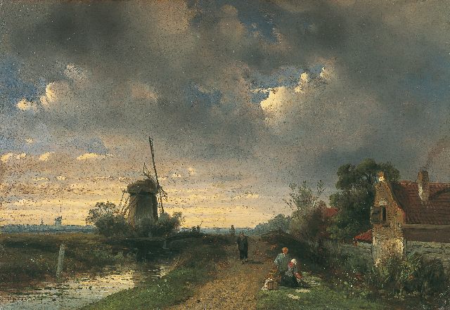 Charles Leickert | Zomerlandschap met figuren op een pad langs een sloot, olieverf op paneel, 17,7 x 25,7 cm, gesigneerd l.o.