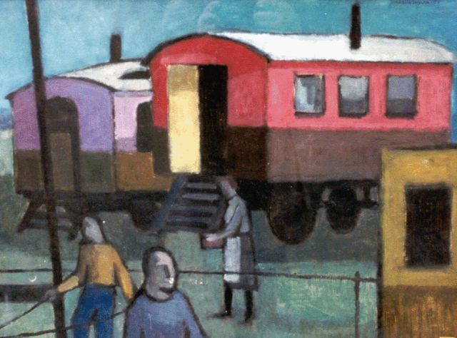 Jan Battermann | Woonwagens, olieverf op paneel, 49,8 x 64,7 cm, gesigneerd r.b. en gedateerd '55