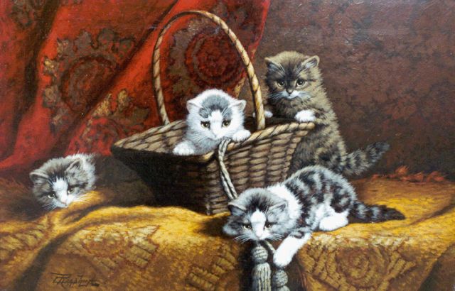 Cornelis Raaphorst | Vier jonge poesjes, olieverf op doek, 40,0 x 60,0 cm, gesigneerd l.o.