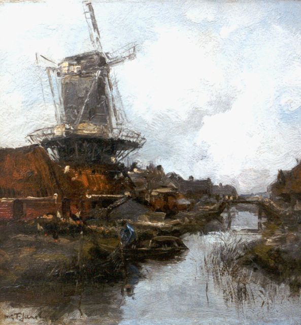 Willem George Frederik Jansen | Houtzaagmolen aan een vaart, olieverf op doek, 31,3 x 29,6 cm, gesigneerd l.o. en gedateerd '22