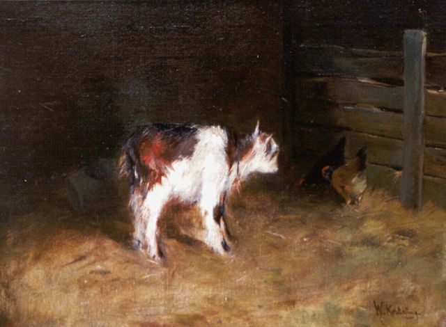 Willem Korteling | Geitje met kip, olieverf op doek, 31,0 x 40,1 cm, gesigneerd r.o.
