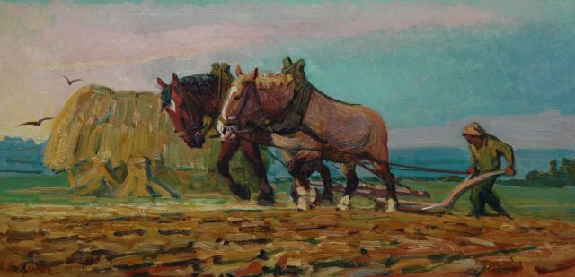 Herman Gouwe | Ploegende boer, olieverf op doek, 43,3 x 85,5 cm, gesigneerd l.o.