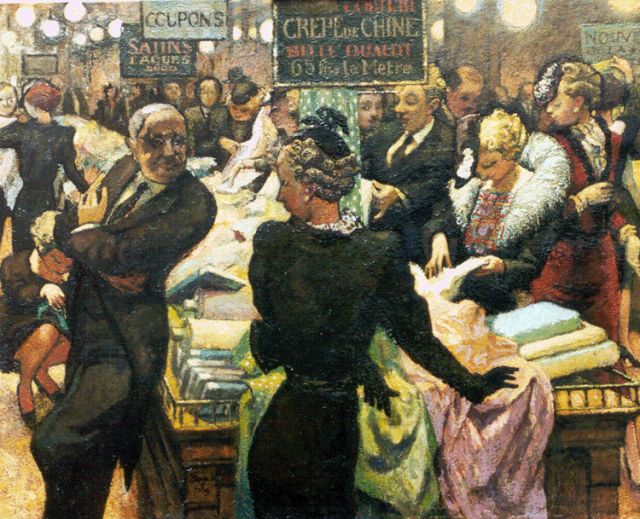 Pierre Farge | Uitverkoop op de zijdeafdeling, olieverf op doek, 81,5 x 100,2 cm, gesigneerd l.o. en gedateerd 1939