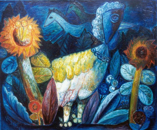 Quirijn van Tiel | Vogel tussen zonnebloemen, olieverf op doek, 79,8 x 95,0 cm, gesigneerd l.o. en gedateerd '50