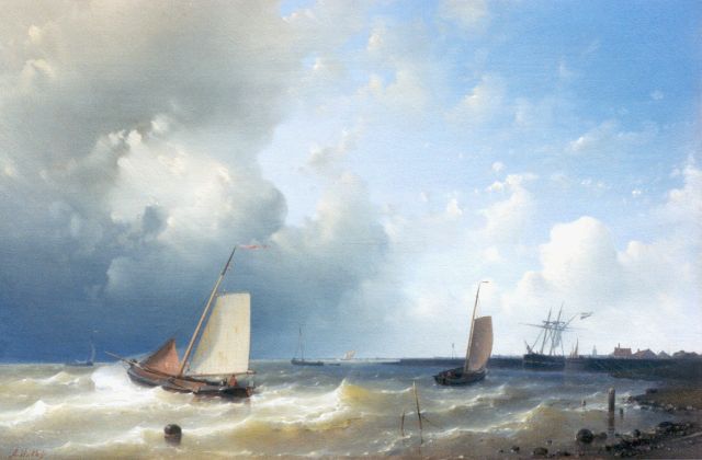 Abraham Hulk | Vissersboten in een stevige bries voor de haven, olieverf op paneel, 36,5 x 53,5 cm, gesigneerd l.o.