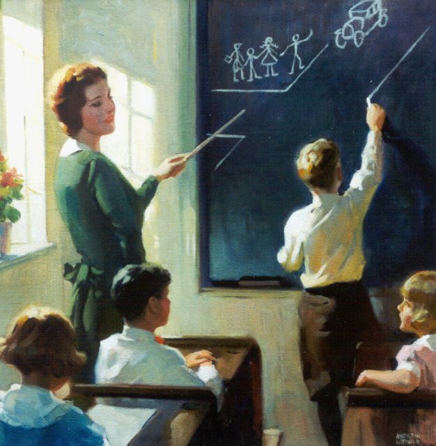 Andrew Loomis | De verkeersles, olieverf op doek op schildersboard, 54,8 x 53,3 cm, gesigneerd r.o.