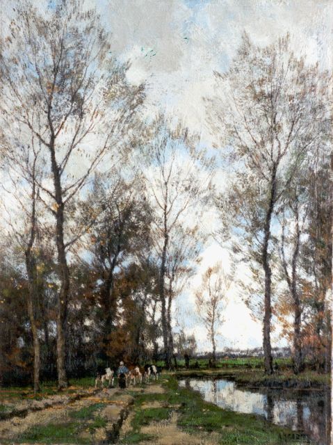 Arnold Gorter | Boerin met vee in een herfstlandschap, olieverf op doek, 50,8 x 37,8 cm, gesigneerd r.o.