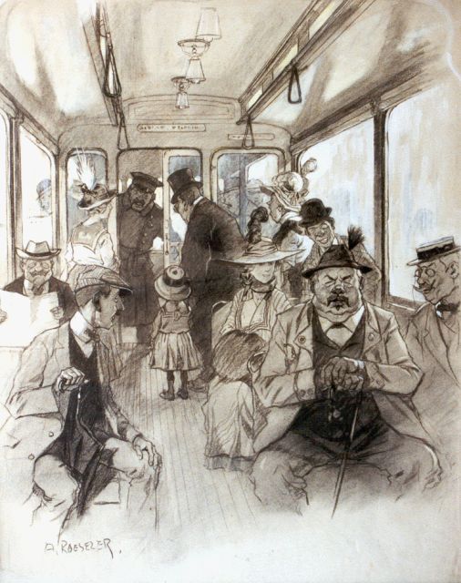 August Roeseler | Kaartjescontrole, gouache en houtskool op papier, 69,0 x 54,0 cm, gesigneerd l.o.