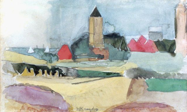 Herman Kruyder | Gezicht op Huizen, zwart krijt en aquarel op papier, 11,9 x 19,4 cm, gesigneerd m.o.