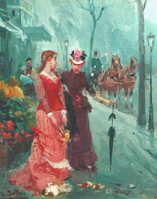 Juan Soler | Flanerende jonge vrouwen, olieverf op paneel, 27,0 x 22,1 cm, gesigneerd l.o.