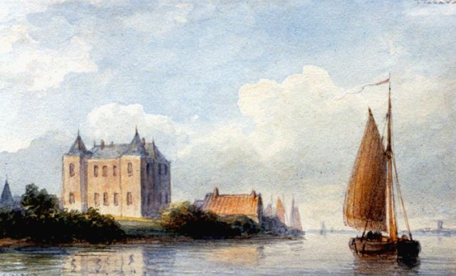 Lodewijk Johannes Kleijn | Gezicht op de Merwede met Slot Loevestein, aquarel op papier, 6,3 x 10,3 cm