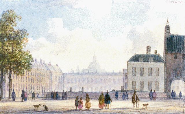 Lodewijk Johannes Kleijn | Gezicht op het Buitenhof met de Gevangenpoort, Den Haag, aquarel op papier, 6,5 x 10,5 cm